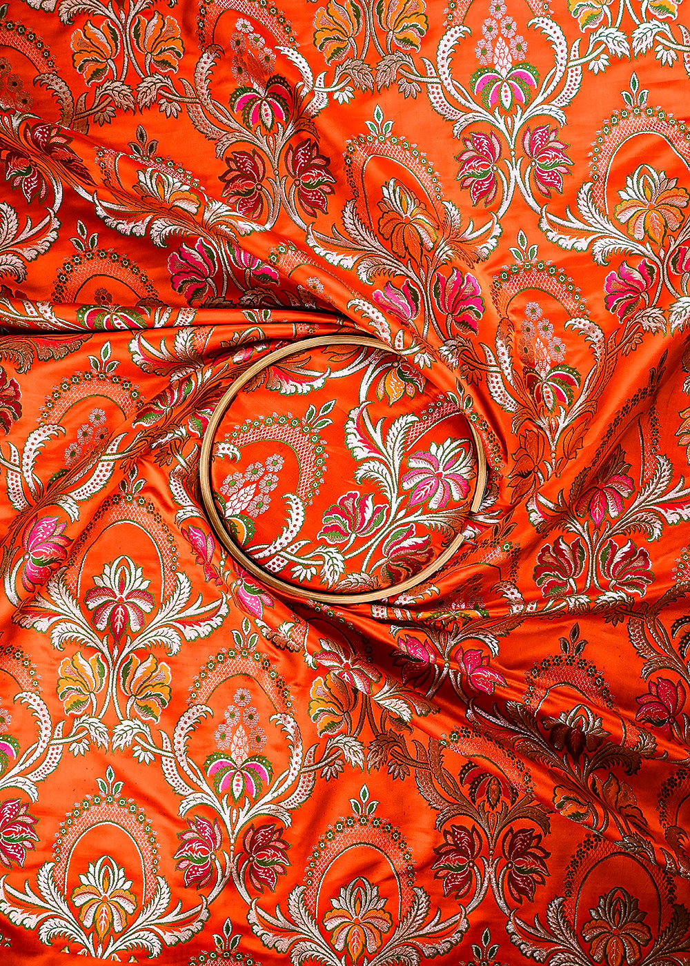 Orange Pure Banarasi Brocade Fabric With All Over Thread And Zari Handloom 25289
