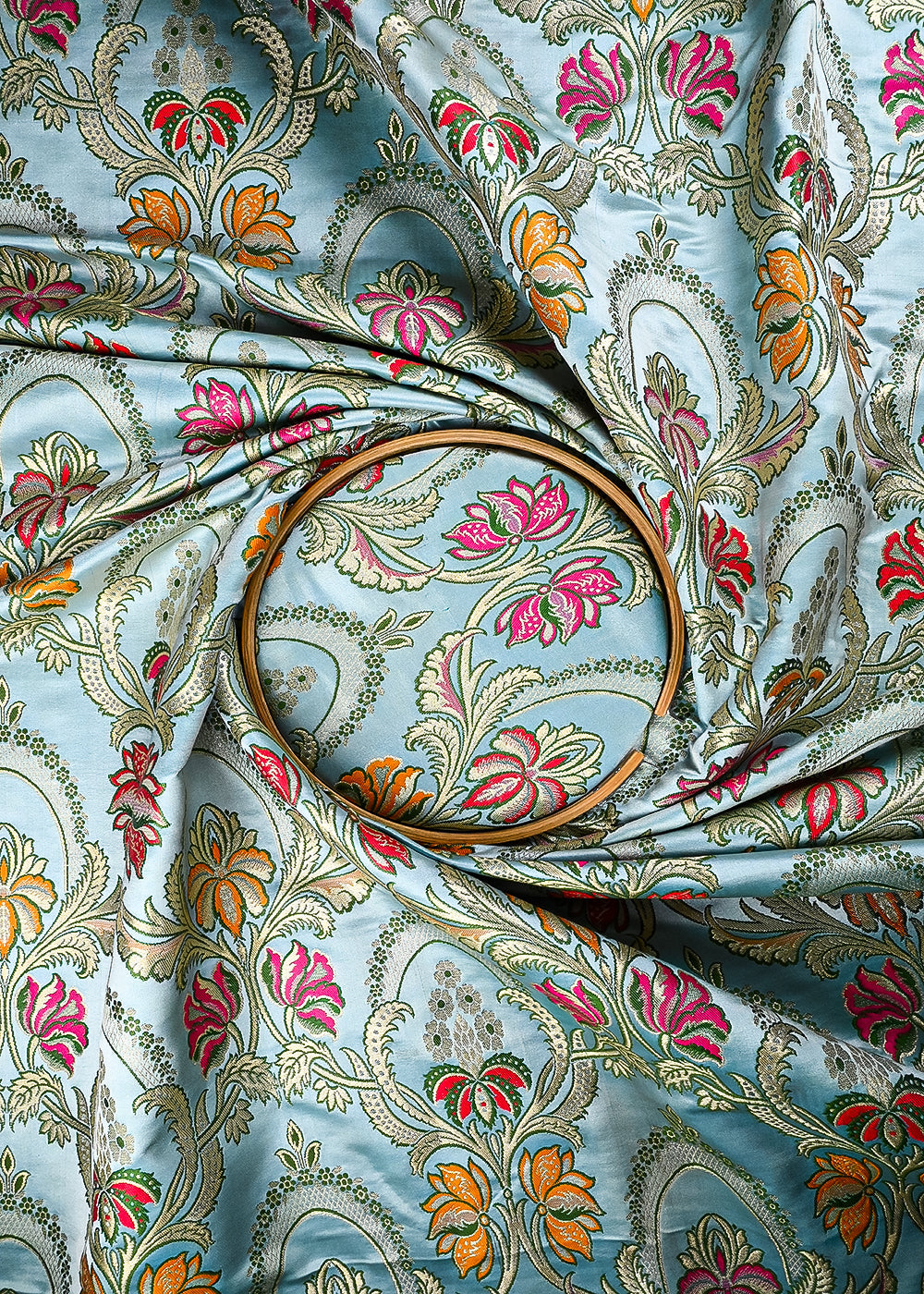 Powder Blue Pure Banarasi Brocade Fabric With All Over Thread And Zari Handloom 25290
