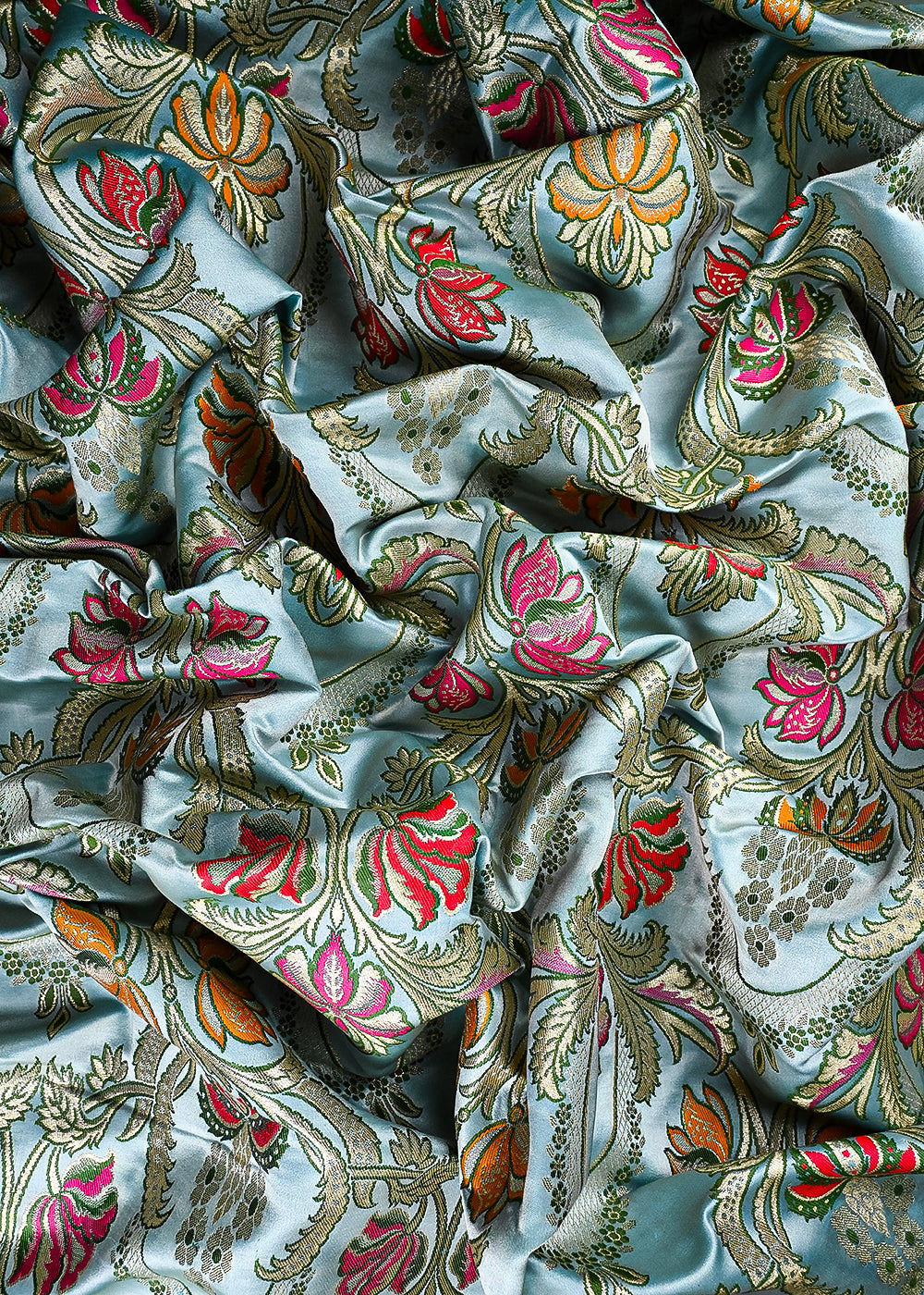 Powder Blue Pure Banarasi Brocade Fabric With All Over Thread And Zari Handloom 25290