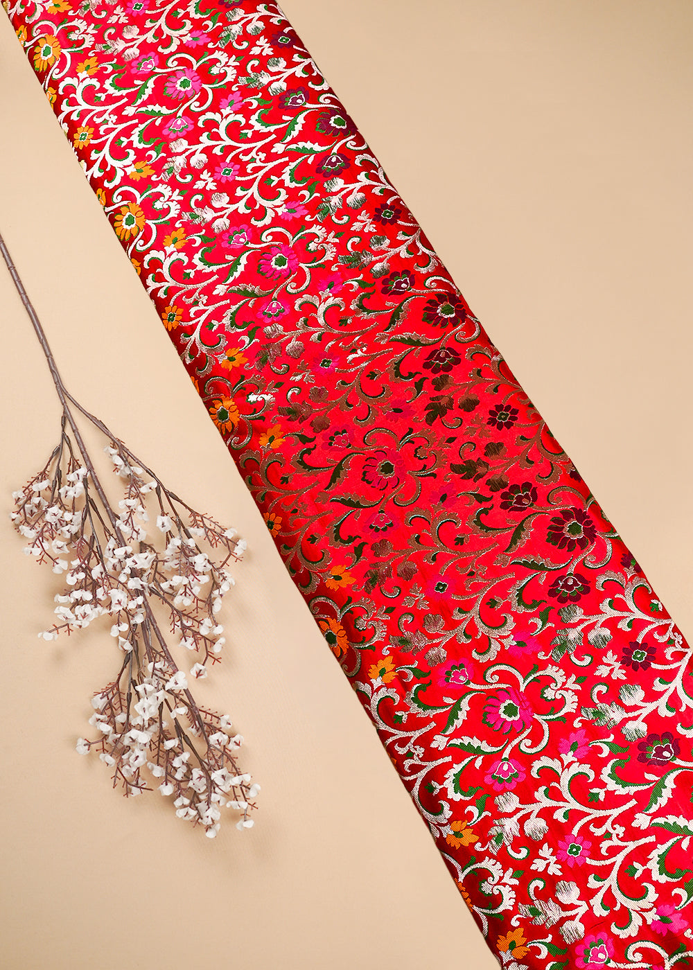 Red Pure Banarasi Brocade Fabric With All Over Thread And Zari Handloom 25293