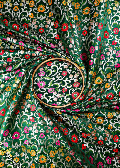 Bottle Green Pure Banarasi Brocade Fabric With All Over Thread And Zari Handloom 25296