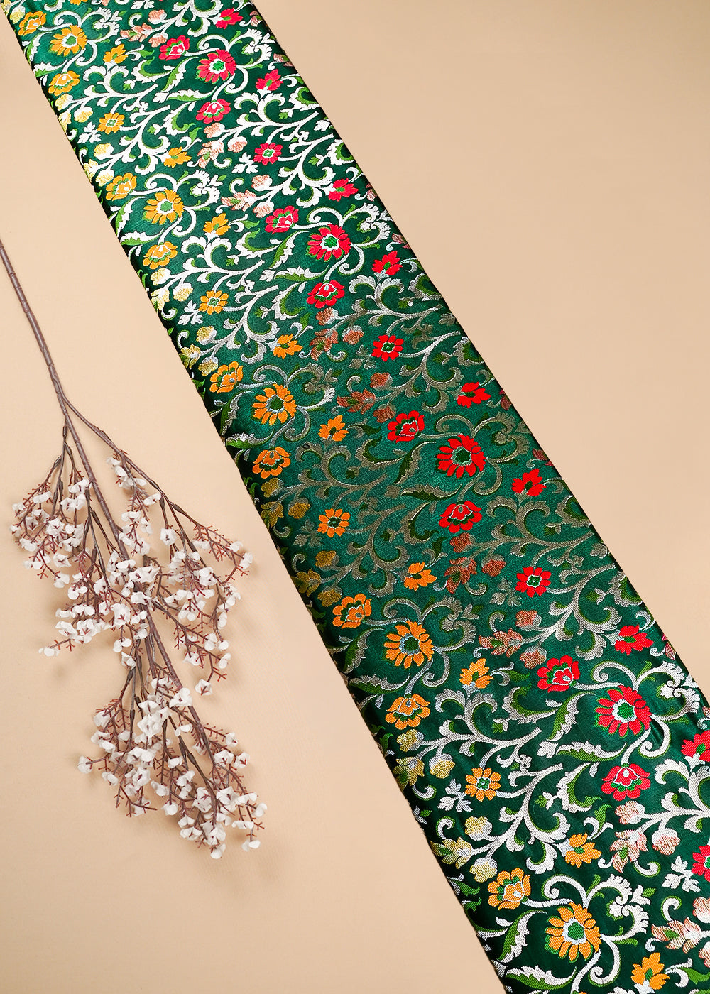 Bottle Green Pure Banarasi Brocade Fabric With All Over Thread And Zari Handloom 25296