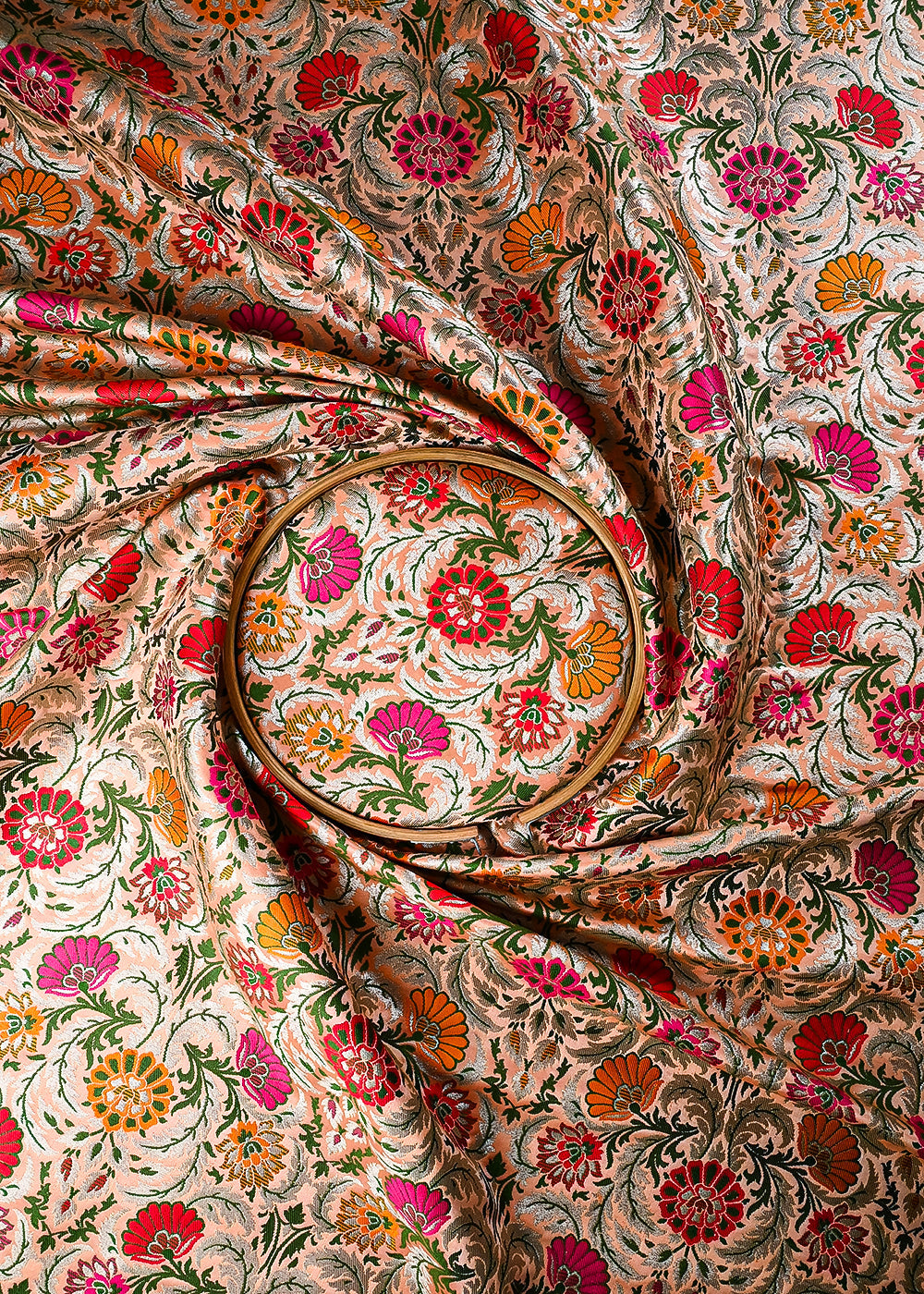 Peach Pure Banarasi Brocade Fabric With All Over Thread And Zari Handloom 25297