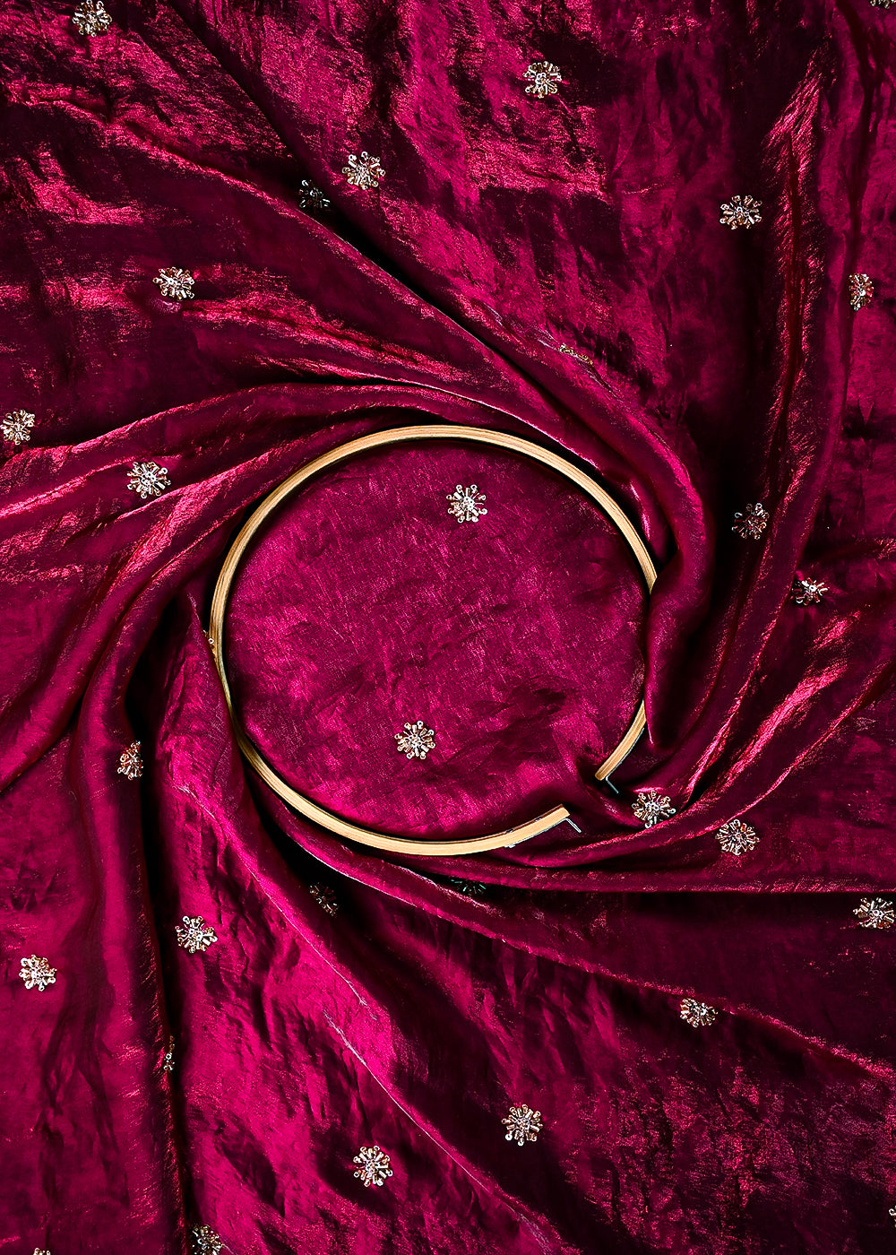 Wine Diamond Tissue Fabric With All Over Buti Of Sequins And Katdana Work 25311