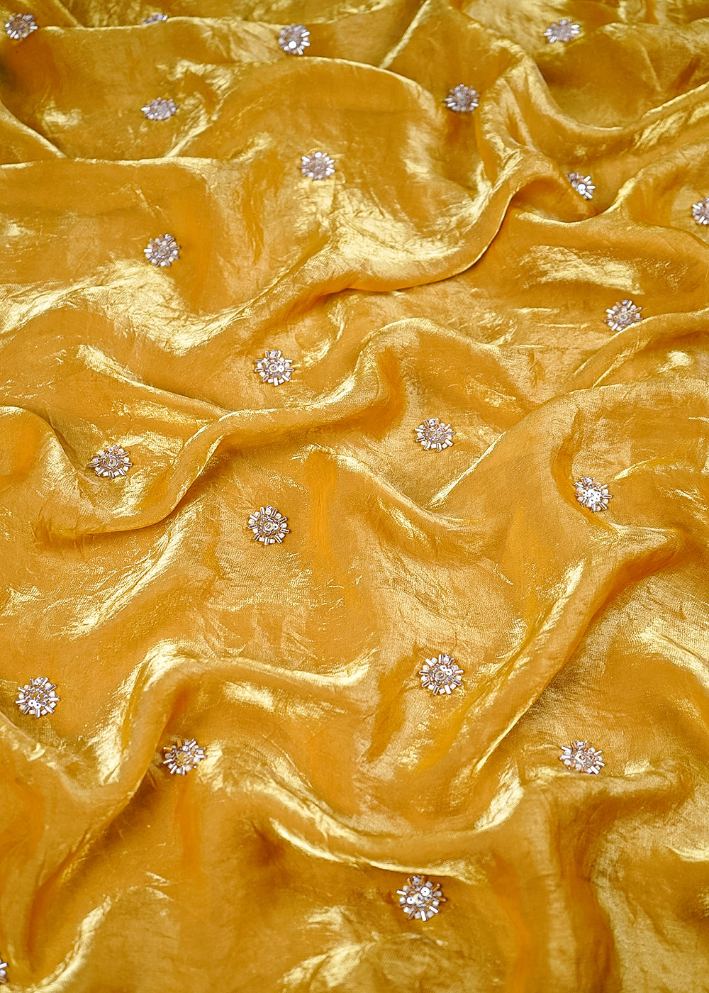 Gold Diamond Tissue Fabric With All Over Buti Of Sequins And Katdana Work 25318