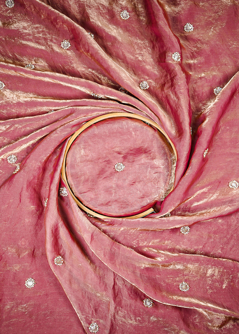 Rose Gold Diamond Tissue Fabric With All Over Buti Of Sequins And Katdana Work 25320