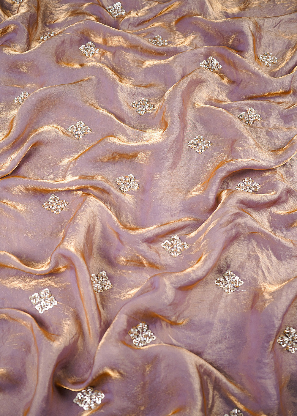 Rose Gold Diamond Tissue Fabric With All Over Buti Of Sequins And Katdana Work 25323
