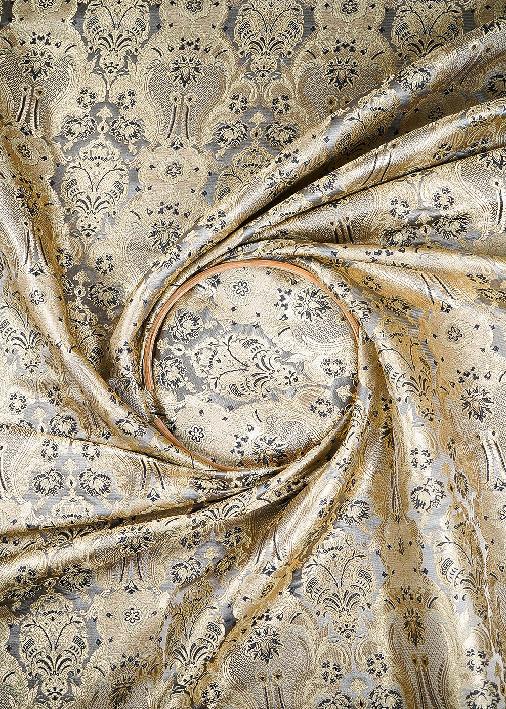 Grey Banarasi Brocade Fabric With All Over Thread And Zari Handloom 25371