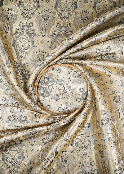 Grey Banarasi Brocade Fabric With All Over Thread And Zari Handloom 25371