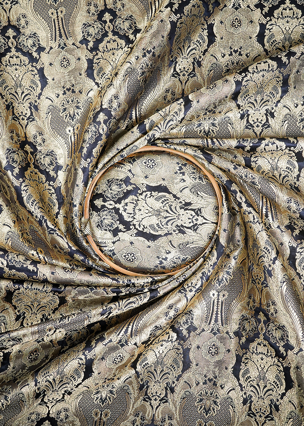 Black Banarasi Brocade Fabric With All Over Thread And Zari Handloom 25355