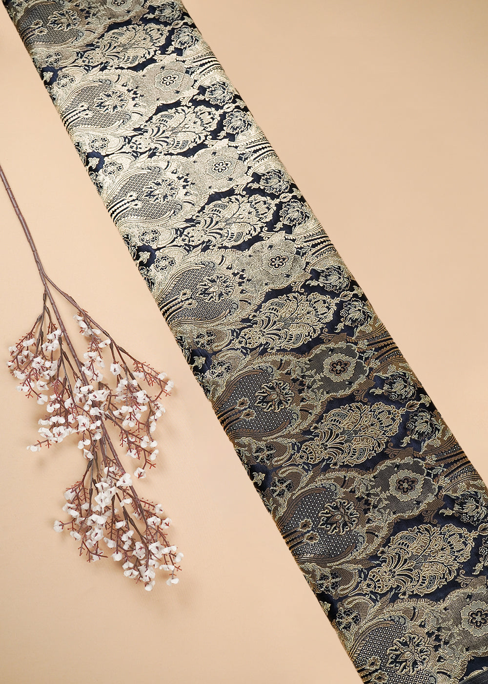 Black Banarasi Brocade Fabric With All Over Thread And Zari Handloom 25355