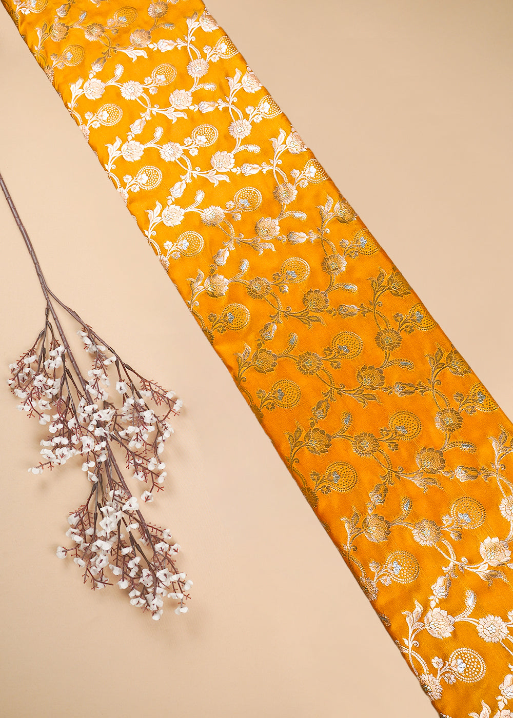 Mustard Banarasi Brocade Fabric With All Over Zari Handloom 25357
