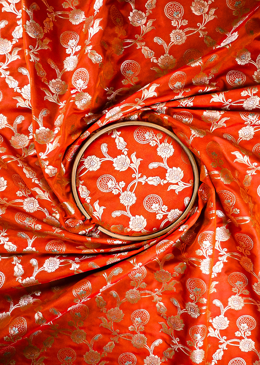 Orange Banarasi Brocade Fabric With All Over Zari Handloom 25360