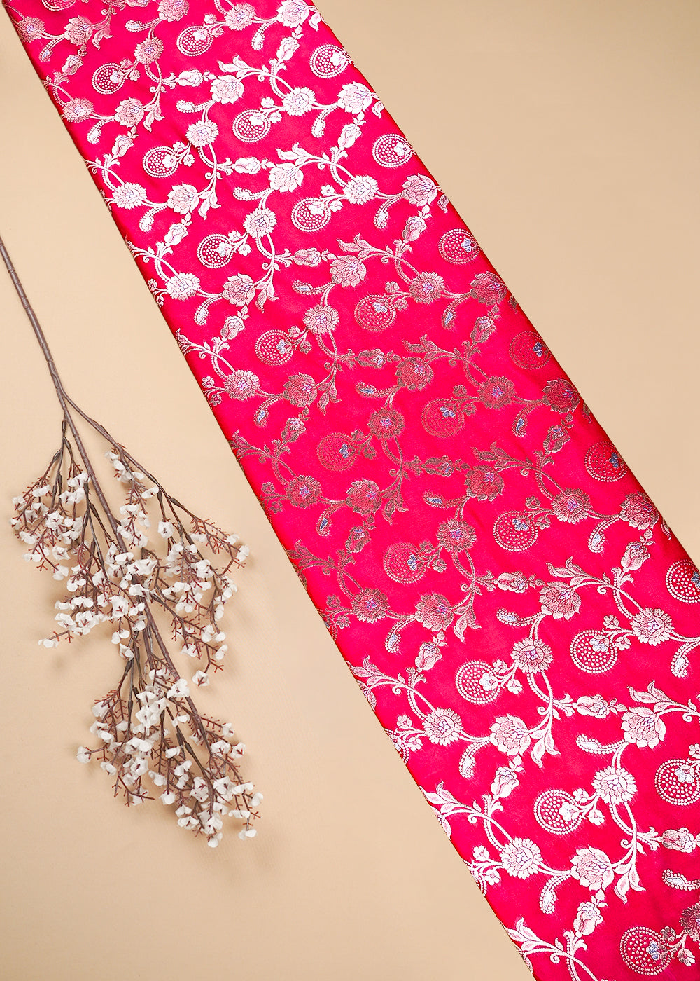 Rani Pink Banarasi Brocade Fabric With All Over Zari Handloom 25361
