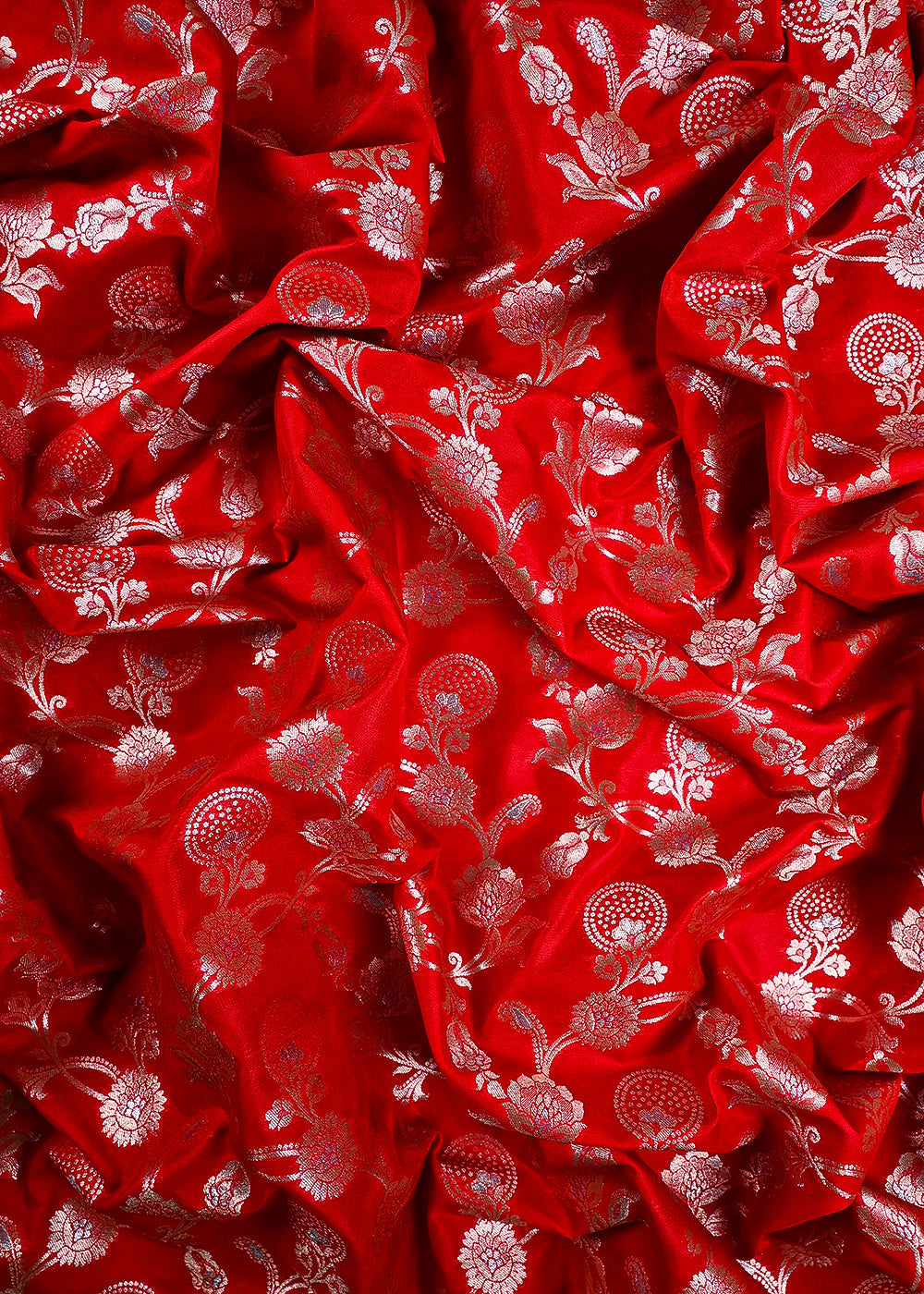 Red Banarasi Brocade Fabric With All Over Zari Handloom 25362