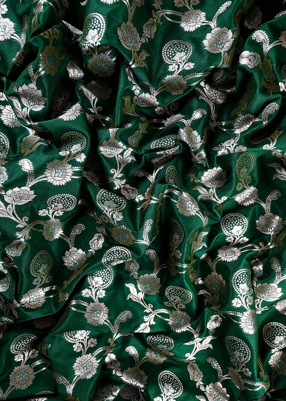 Bottle Green Banarasi Brocade Fabric With All Over Zari Handloom 25365