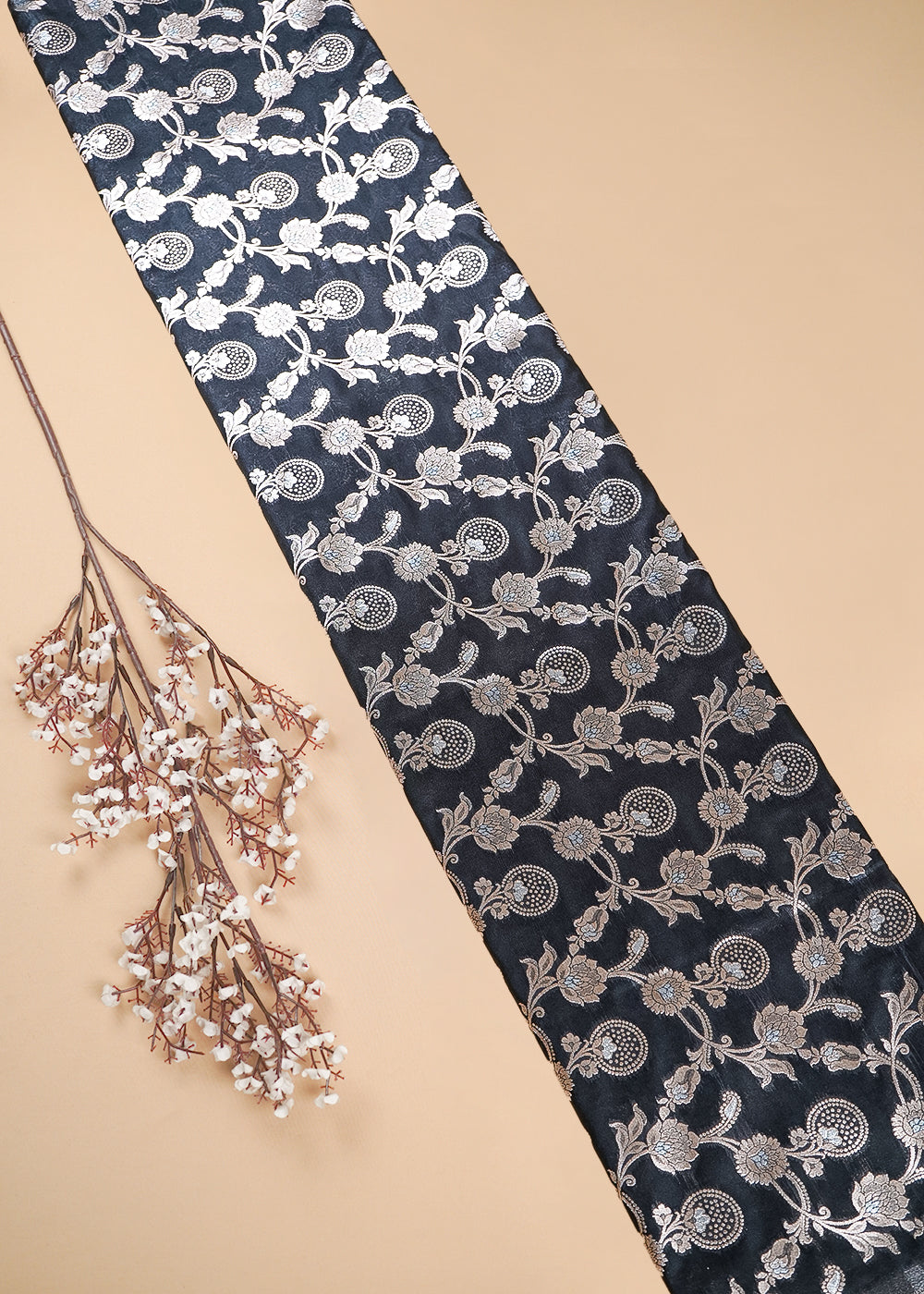 Black Banarasi Brocade Fabric With All Over Zari Handloom 25366