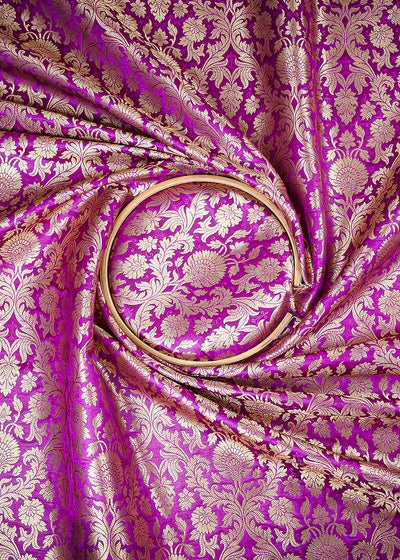 Purple Banarasi Brocade Fabric With All Over Thread And Zari Handloom 25368