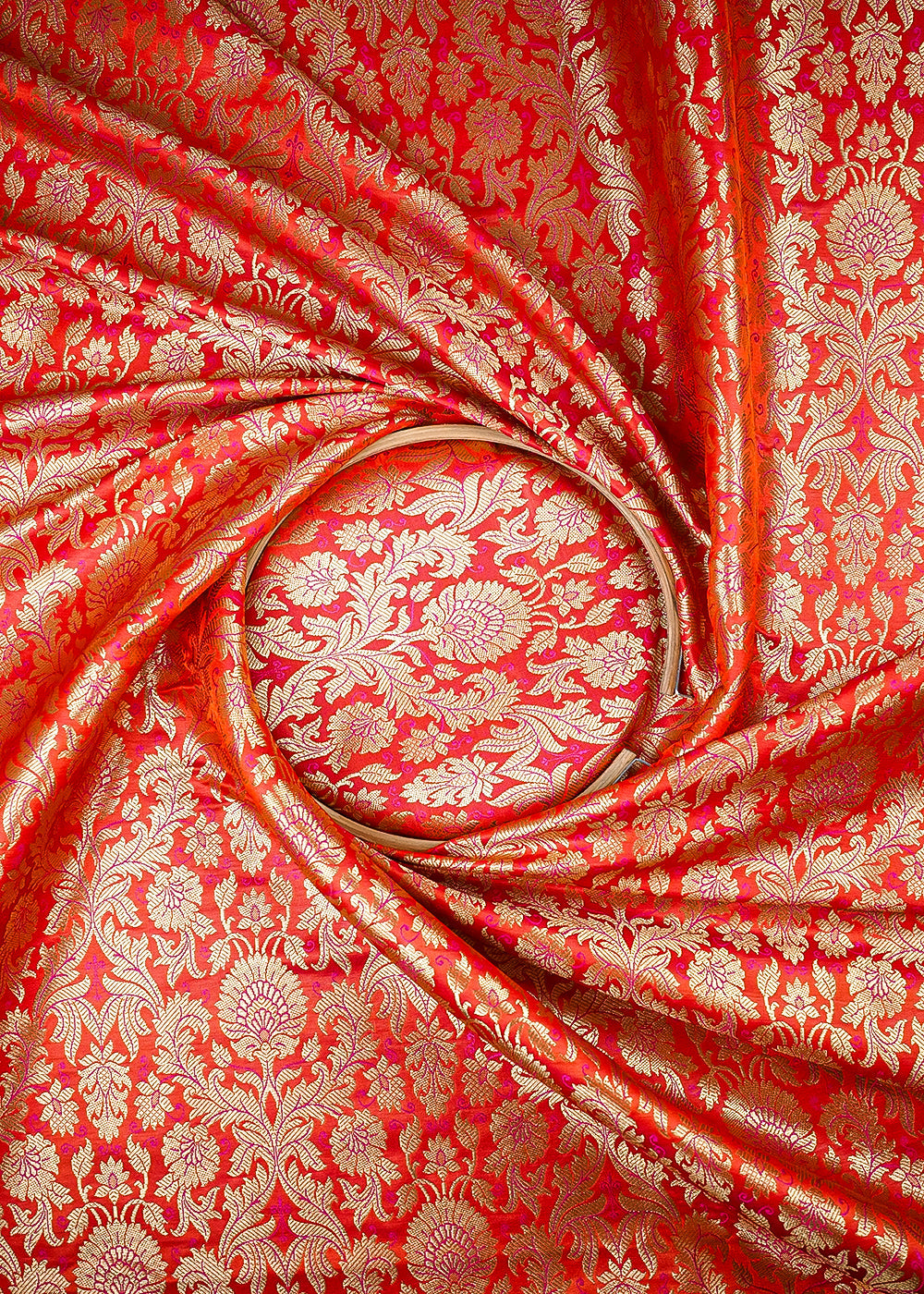 Orange Banarasi Brocade Fabric With All Over Thread And Zari Handloom 25370