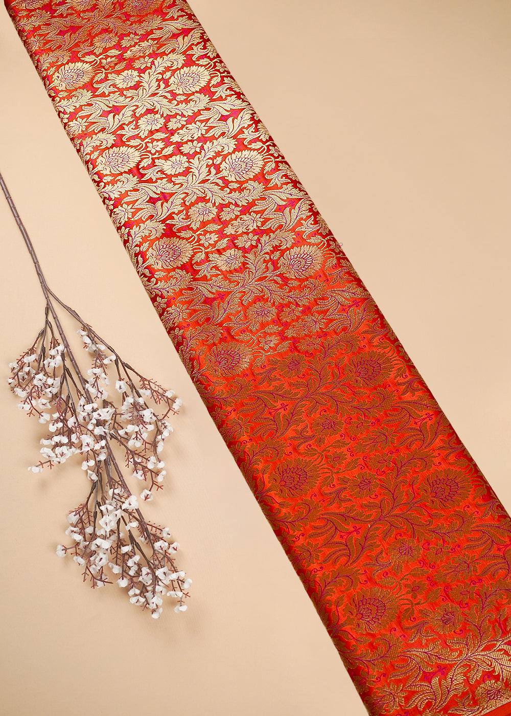 Orange Banarasi Brocade Fabric With All Over Thread And Zari Handloom 25370