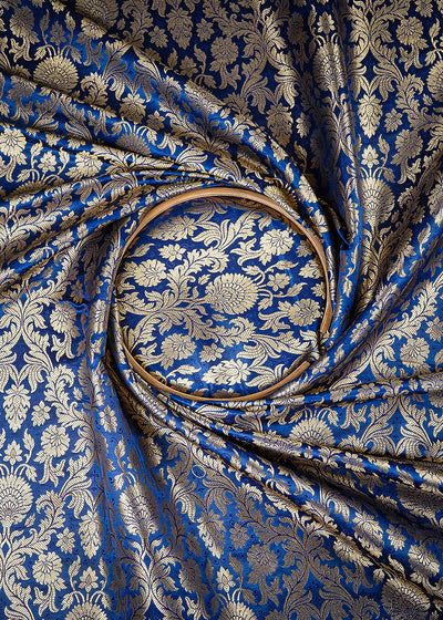 Navy Blue Banarasi Brocade Fabric With All Over Thread And Zari Handloom 25371