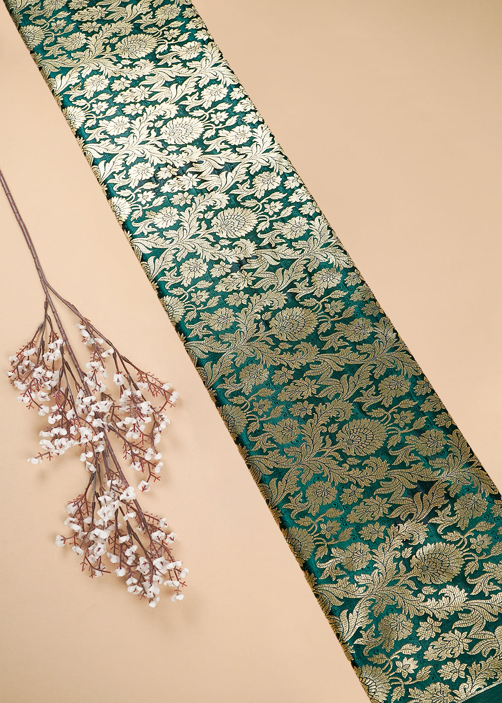 Bottle Green Banarasi Brocade Fabric With All Over Thread And Zari Handloom 25375