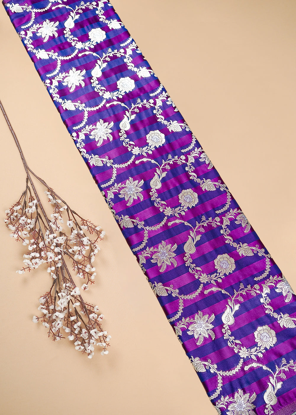 Navy Blue Banarasi Silk Fabric With All Over Zari Handloom 25390