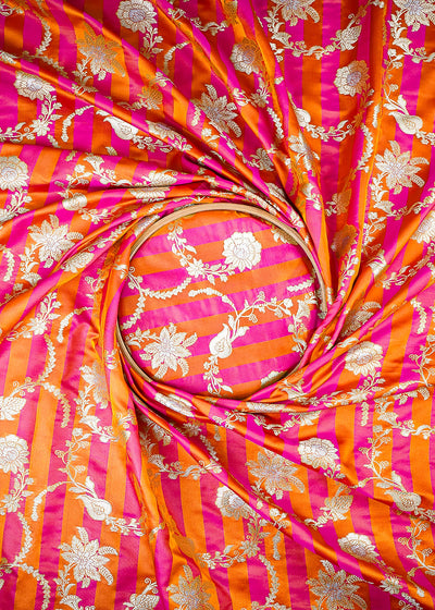 Orange Banarasi Silk Fabric With All Over Zari Handloom 25392