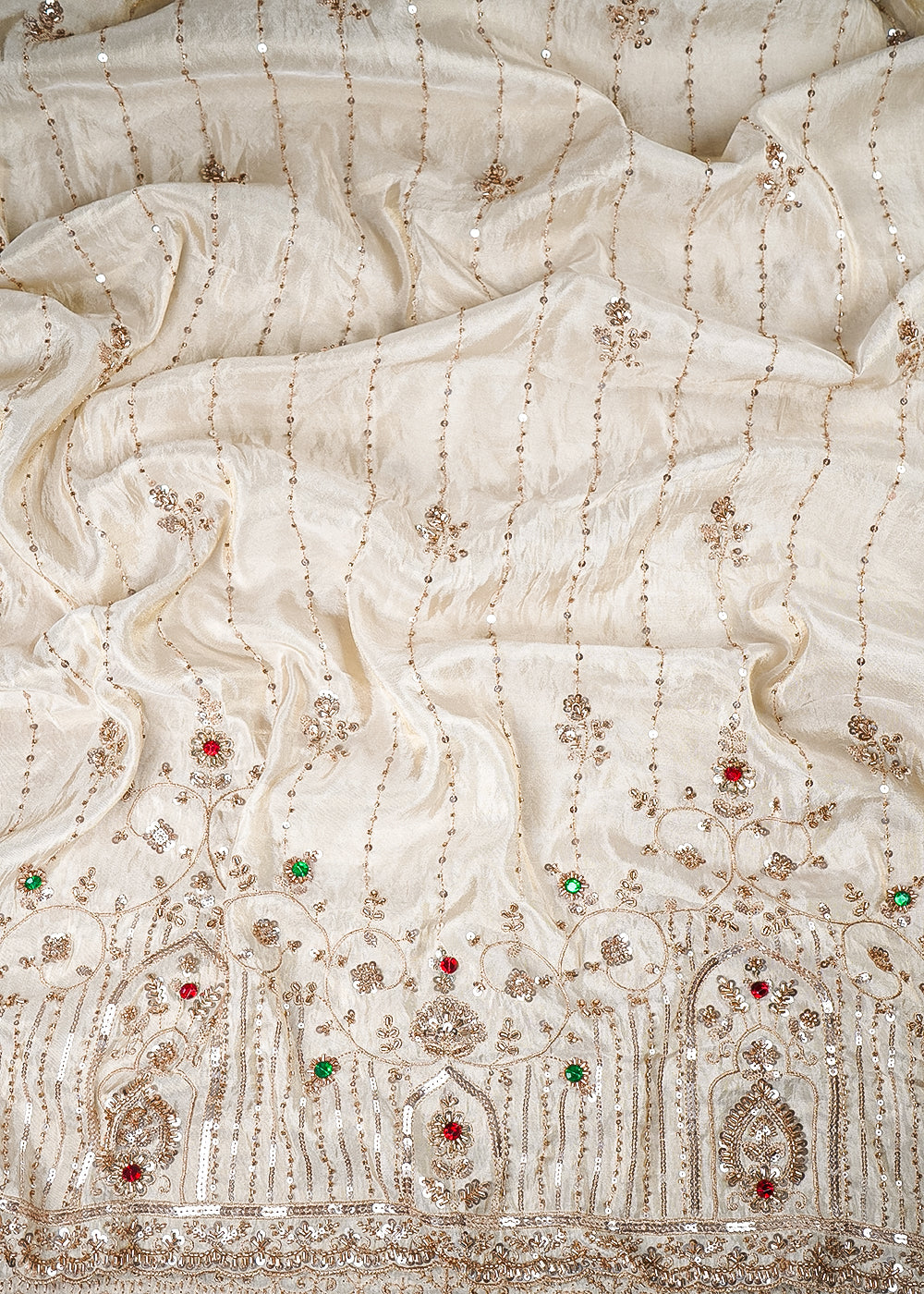 Golden Dyeable Tissue Fabric With All Over Zari, Sequins, Katdana And Stone Work With One Side Heavy Border 25413