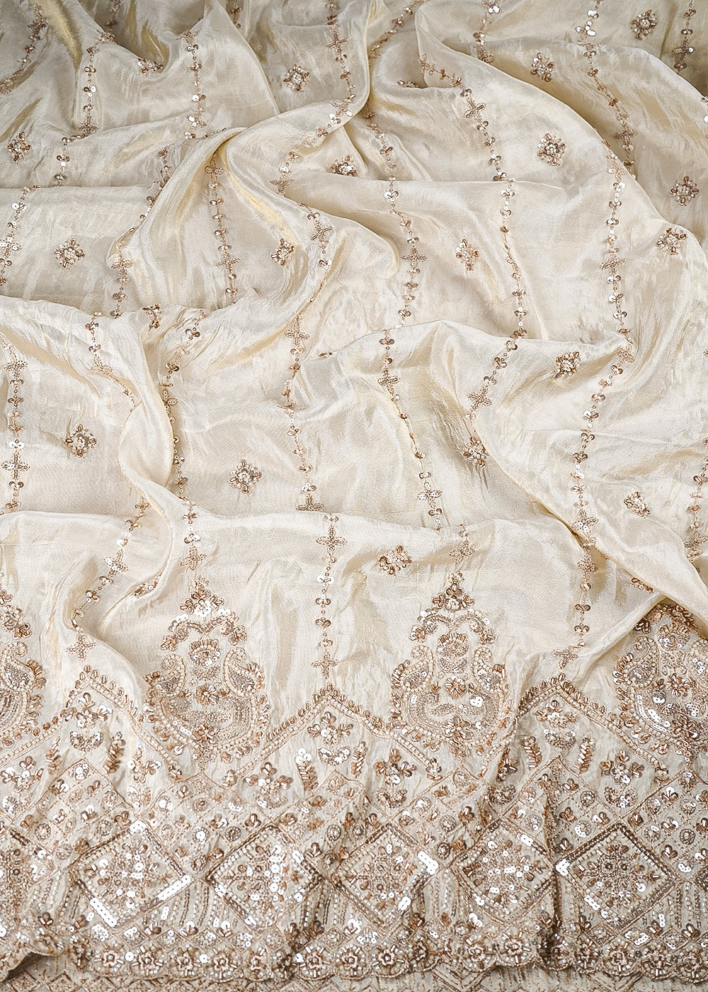 Golden Dyeable Tissue Fabric With All Over Zari, Sequins And Katdana Work With One Side Border 25414