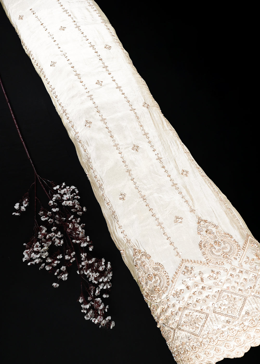 Golden Dyeable Tissue Fabric With All Over Zari, Sequins And Katdana Work With One Side Border 25414