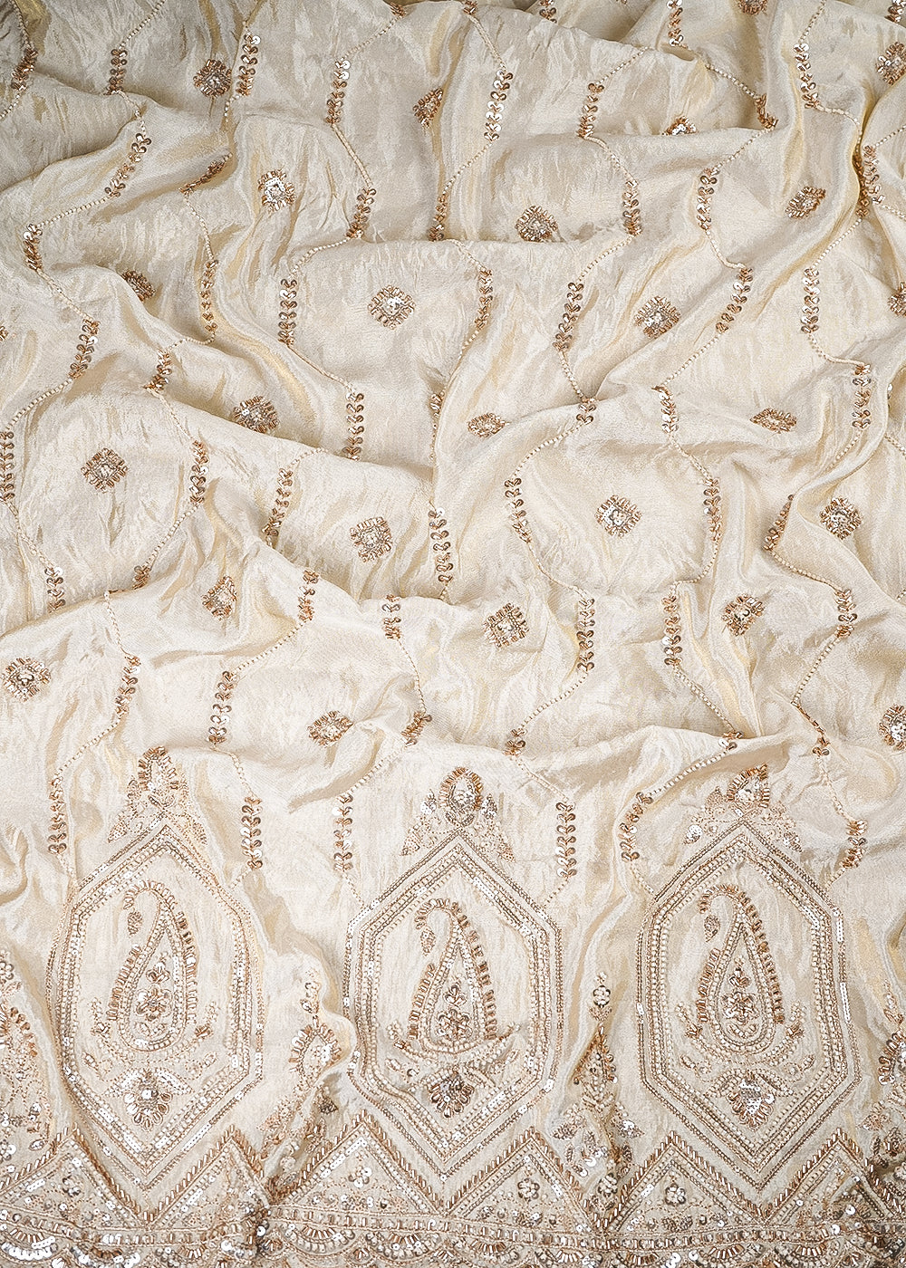 Golden Dyeable Tissue Fabric With All Over Zari, Sequins And Katdana Work With One Side Border 25415
