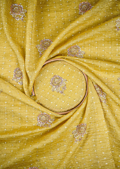 Mustard Crushed Tissue Fabric With All Over Zari, Sequins And Katdana Work 25429