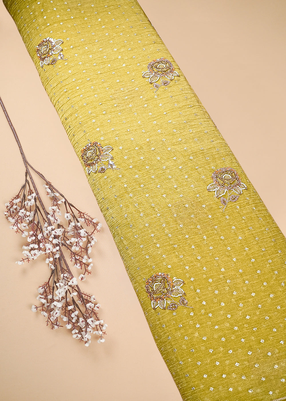 Mustard Crushed Tissue Fabric With All Over Zari, Sequins And Katdana Work 25429