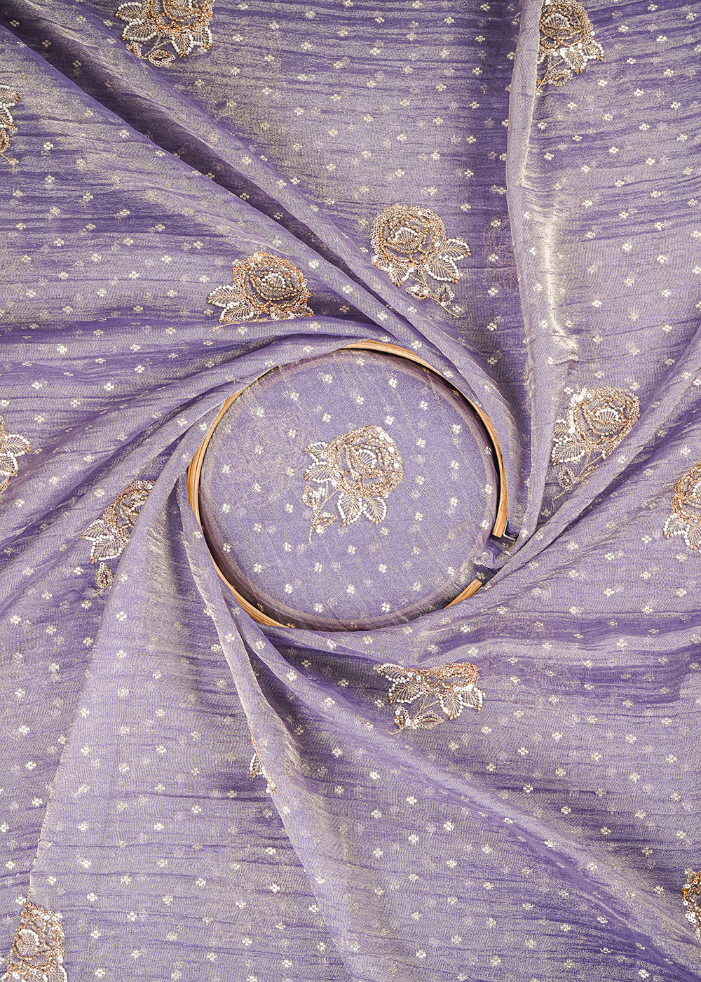 Purple Crushed Tissue Fabric With All Over Zari, Sequins And Katdana Work 25430
