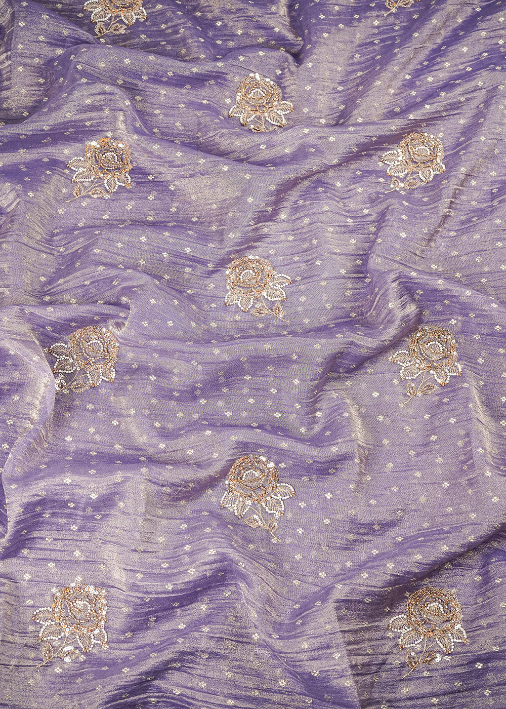 Purple Crushed Tissue Fabric With All Over Zari, Sequins And Katdana Work 25430