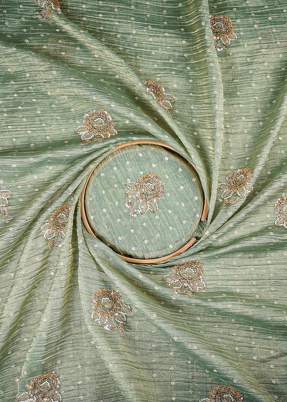 Pista Green Crushed Tissue Fabric With All Over Zari, Sequins And Katdana Work 25431