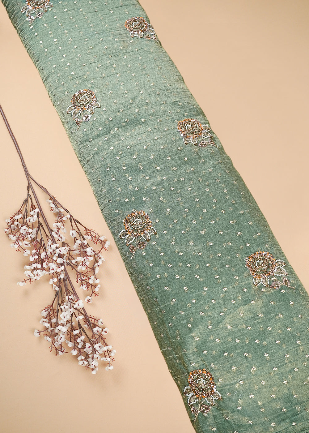 Pista Green Crushed Tissue Fabric With All Over Zari, Sequins And Katdana Work 25431