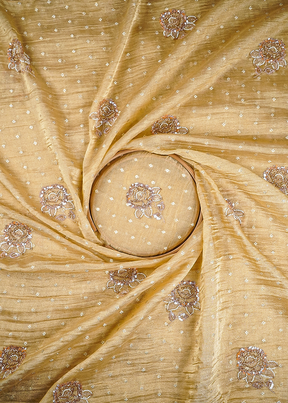 Gold Crushed Tissue Fabric With All Over Zari, Sequins And Katdana Work 25432