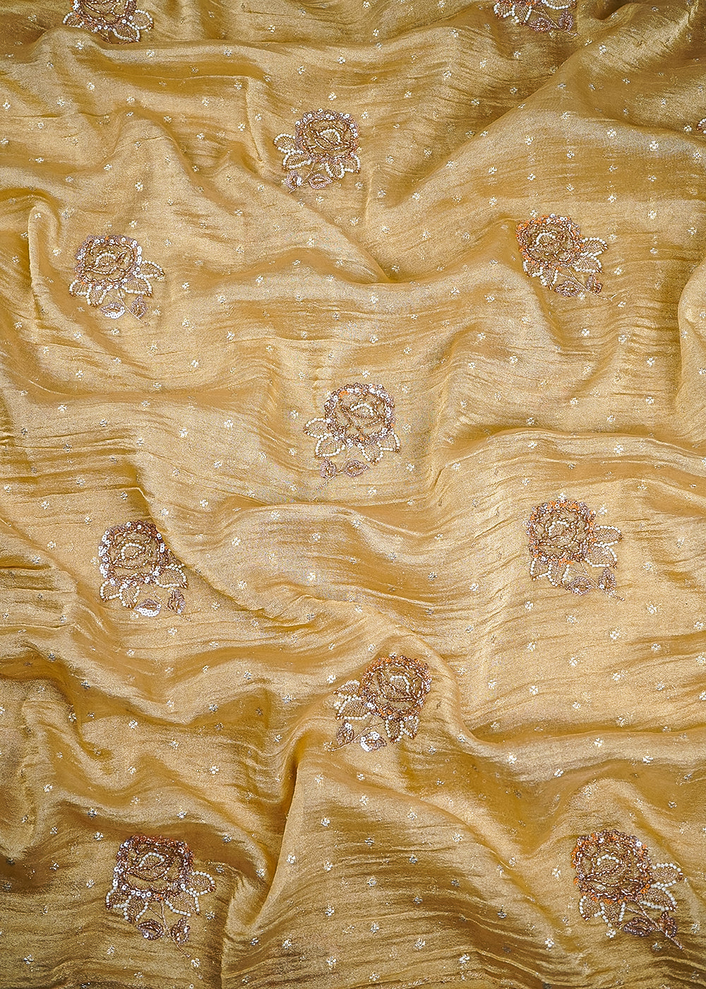Gold Crushed Tissue Fabric With All Over Zari, Sequins And Katdana Work 25432