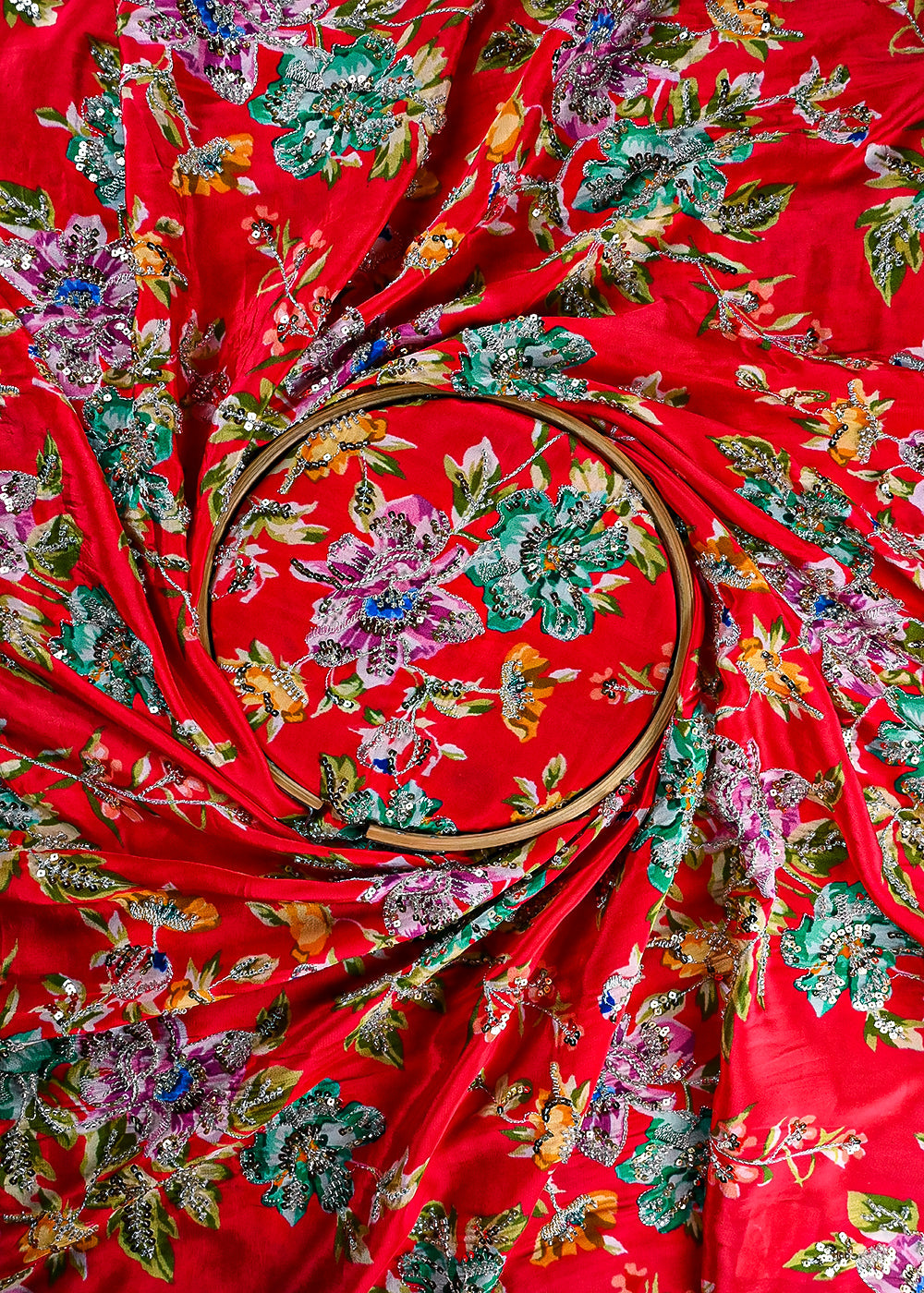 Red Crepe Fabric With All Over Zari, Sequins And Katdana Work 25433