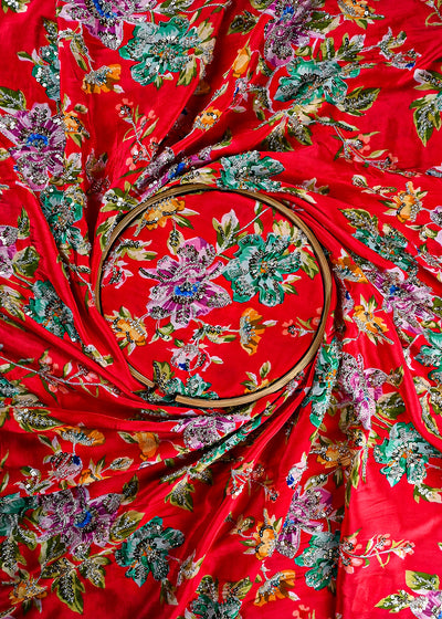 Red Crepe Fabric With All Over Zari, Sequins And Katdana Work 25433