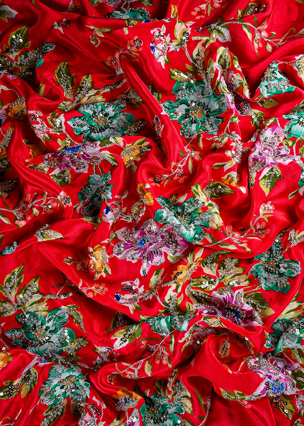 Red Crepe Fabric With All Over Zari, Sequins And Katdana Work 25433
