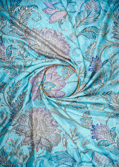 Sky Blue Glass Organza Fabric With All Over Zari, Sequins And Katdana Work 25435