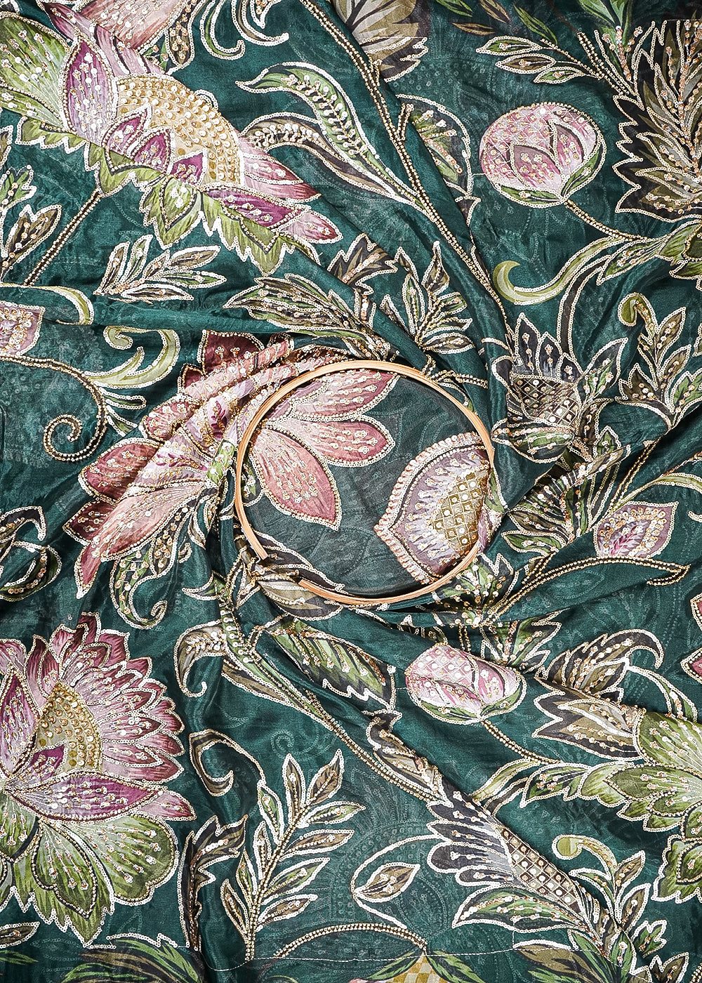 Bottle Green Glass Organza Fabric With All Over Zari, Sequins And Katdana Work 25436