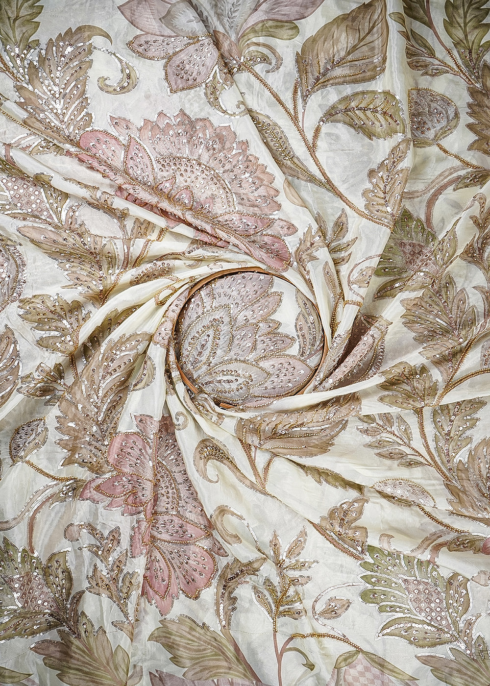Off White Glass Organza Fabric With All Over Zari, Sequins And Katdana Work 25438