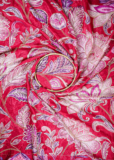 Maroon Glass Organza Fabric With All Over Zari, Sequins And Katdana Work 25439