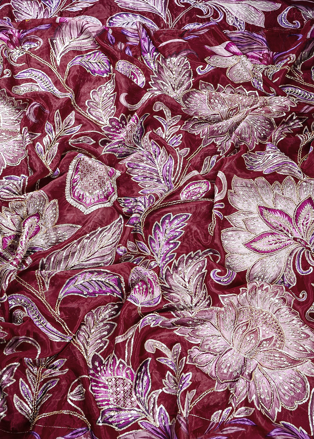 Maroon Glass Organza Fabric With All Over Zari, Sequins And Katdana Work 25439