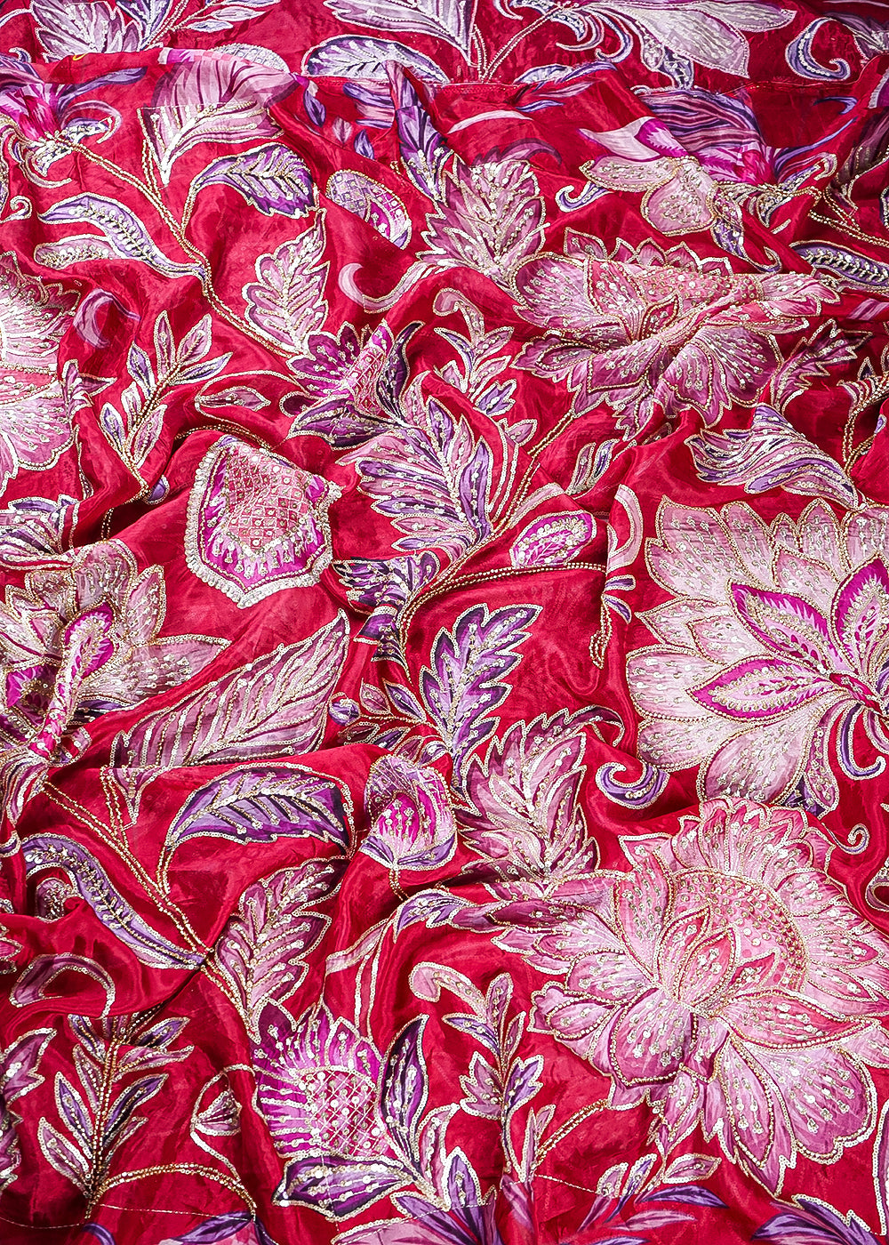 Maroon Glass Organza Fabric With All Over Zari, Sequins And Katdana Work 25439