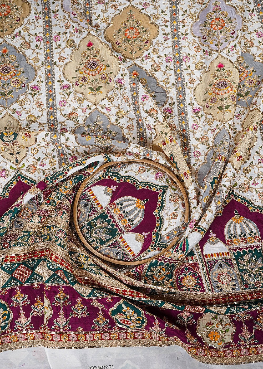 Cream Crepe Fabric With All Over Zari, Sequins Work With One Side Heavy Border 25440